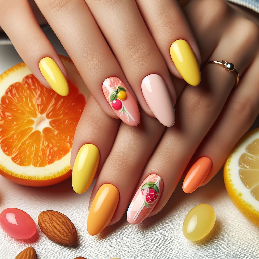 Nails painted in bright, vibrant shades of lemon yellow, tangerine orange, and grapefruit pink, inspired by juicy citrus fruits, ideal for a fun summer look.