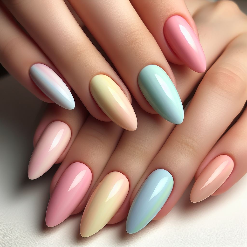 Soft almond nails each painted in a different pastel color, arranged to create a gentle rainbow effect.