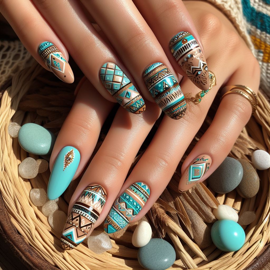 Nails with boho chic patterns, featuring geometric or tribal designs in earthy tones and pops of turquoise, capturing a summer festival vibe.