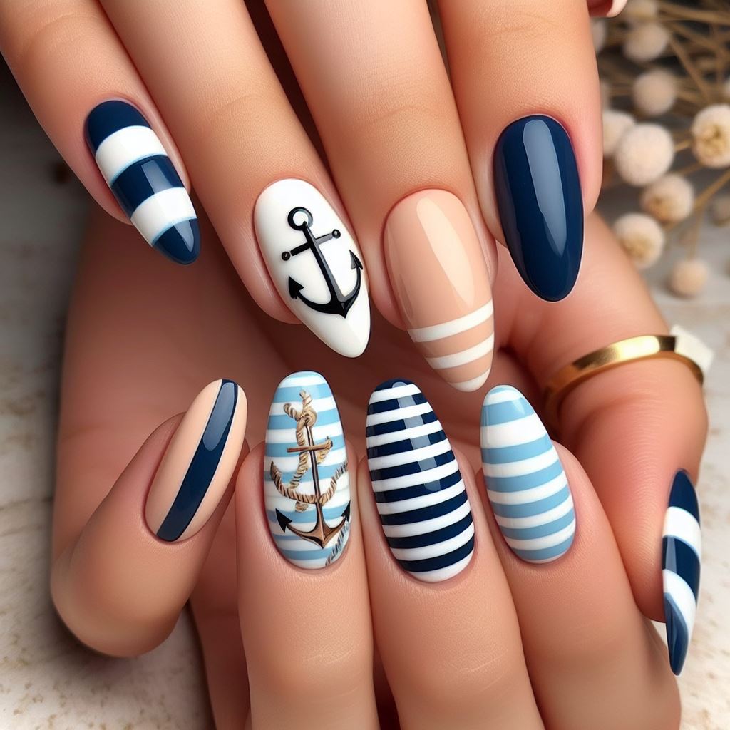 Nails with classic navy and white stripes and an anchor detail on the accent nail, emphasizing a maritime theme.