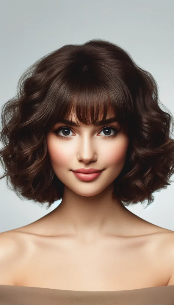 Dream of a voluminous curly bob complemented by fringe bangs that frame the face with softness and whimsy. It's a timeless look that brings out the playful curls and can be dressed up or down with ease.
