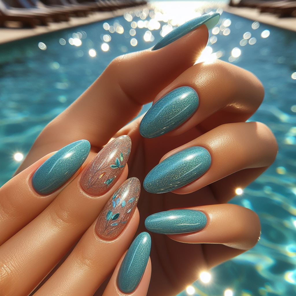 Glossy pool blue nails with added shimmer, designed to catch and reflect sunlight, ideal for poolside wear.