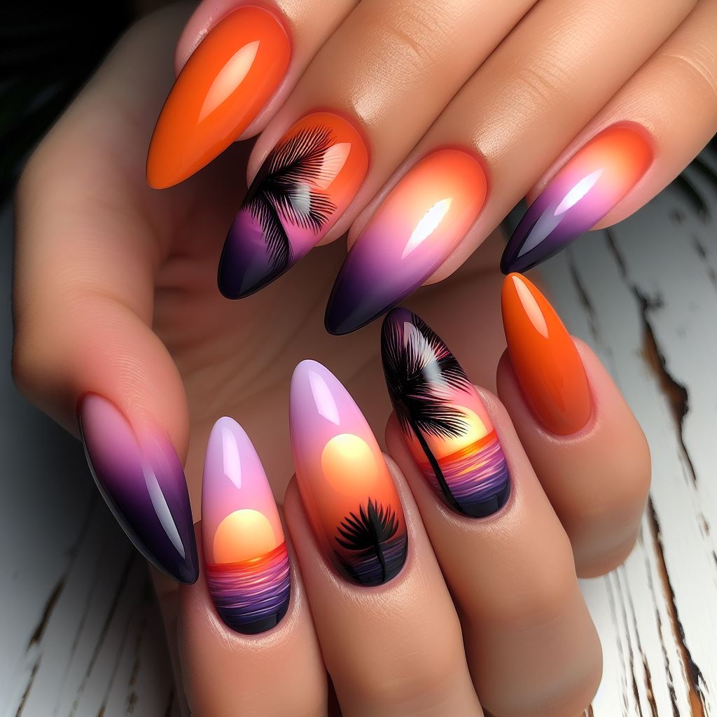 Almond-shaped nails with an ombre design transitioning from fiery orange at the base to mellow purple at the tips, reminiscent of a tropical sunset.