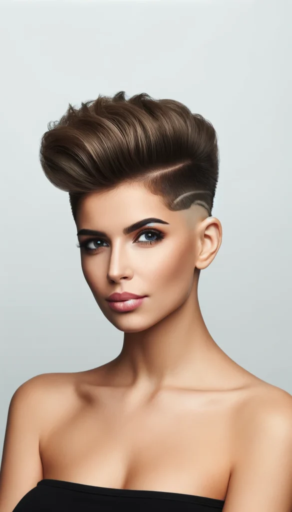 Visualize a daring undercut paired with a voluminous pompadour at the front. This style allows for bold expression and can be customized with patterns shaved into the undercut for those who want to add an artistic touch to their look.
