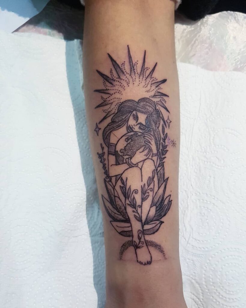 Solar Embrace: Virgo Love and Nature Forearm Tattoo