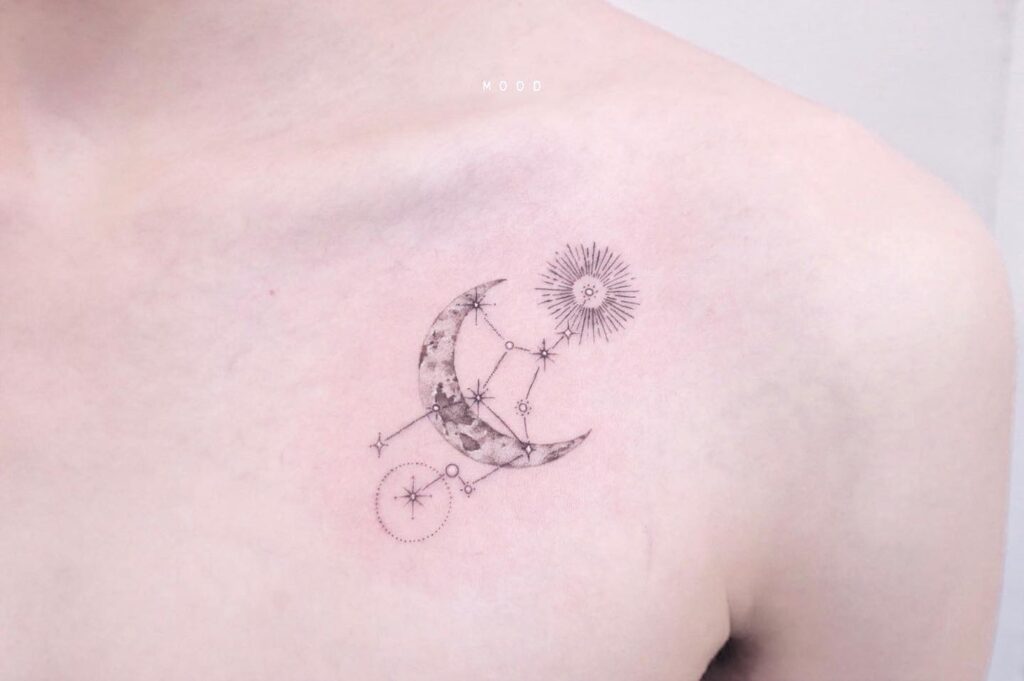 Moonlit Zodiac: Subtle Virgo Constellation Crescent Tattoo