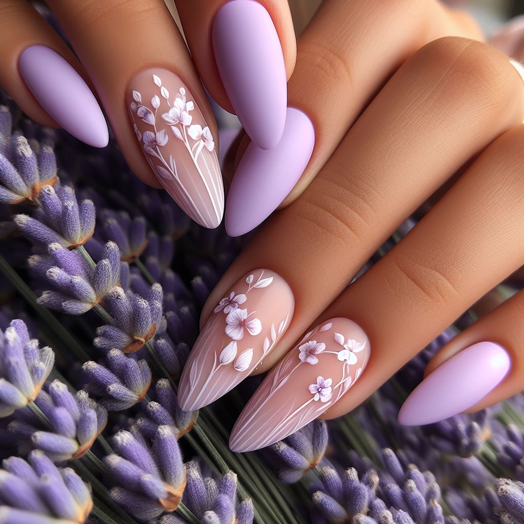 Soft lavender nails with fine white detailing, designed to evoke the peaceful experience of walking through blooming lavender fields.