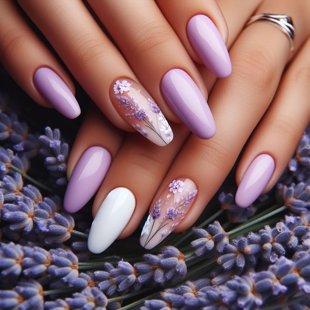 Soft lavender nails with fine white detailing, designed to evoke the peaceful experience of walking through blooming lavender fields.