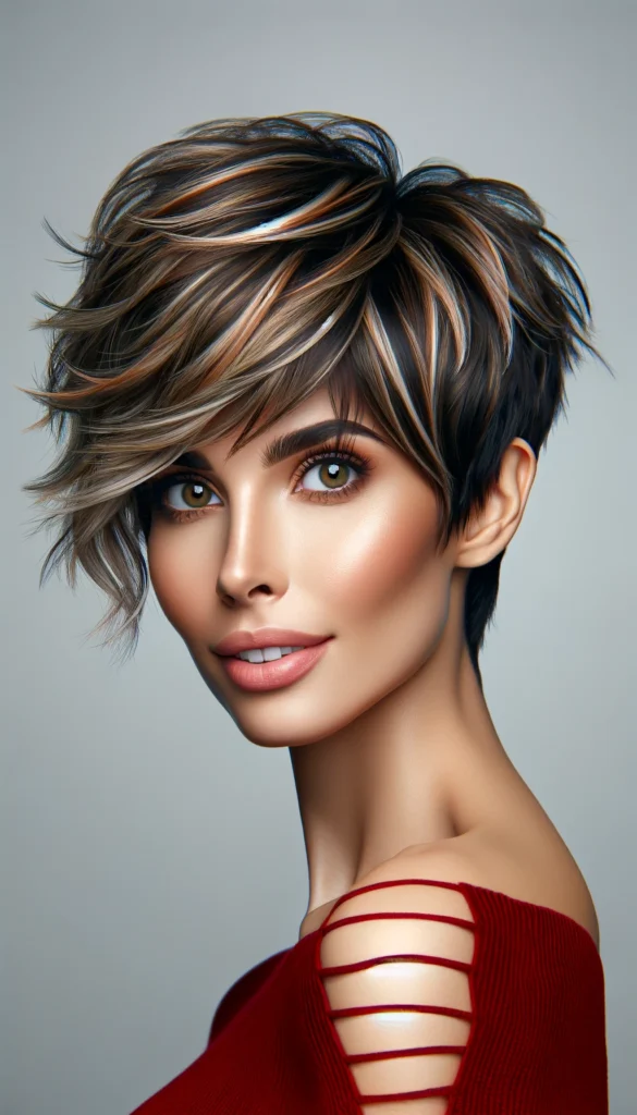 Picture a dynamic pixie cut with choppy layers and highlighted tips, giving the hair dimension and a playful twist. This is an excellent choice for adding visual interest to short hair, making it stand out in a crowd.