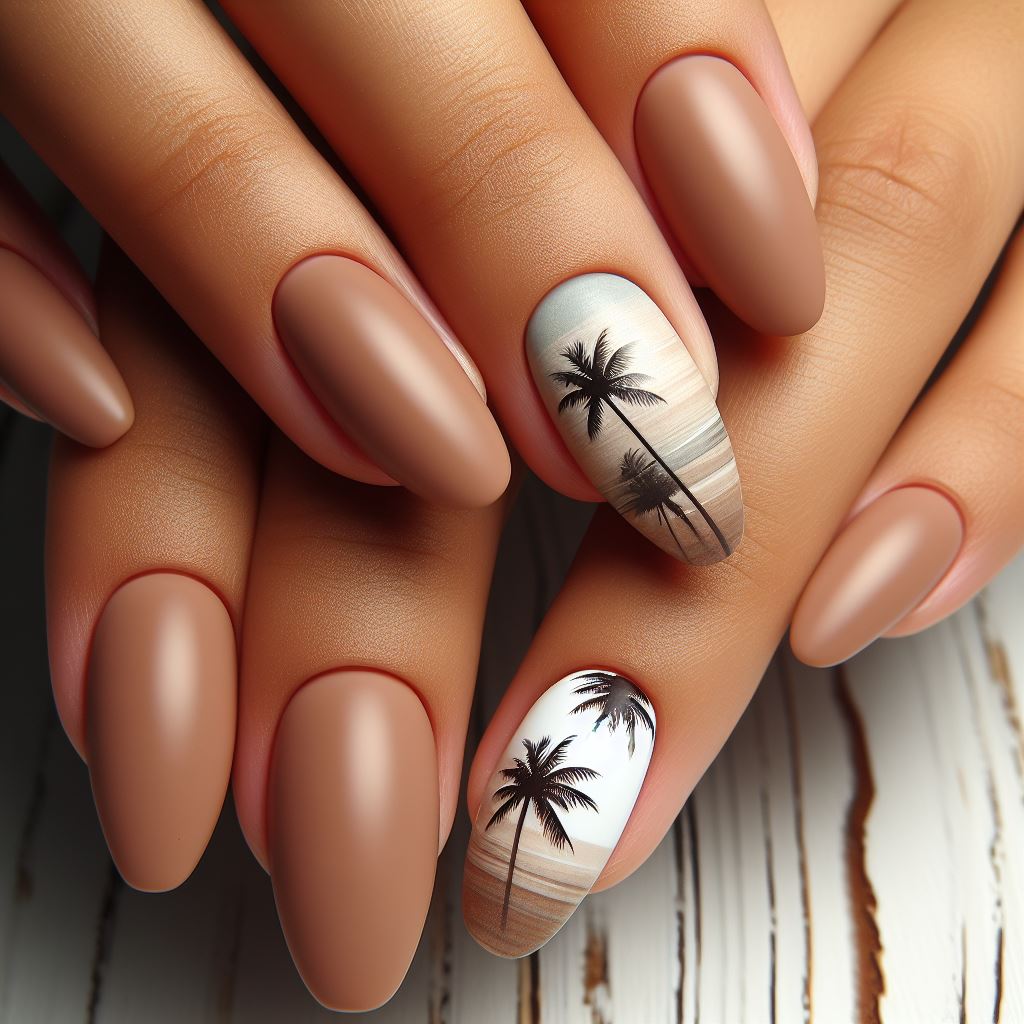 Sandy beige nails with a matte finish and a subtle palm tree silhouette on the accent nail, capturing the essence of a tranquil beach.