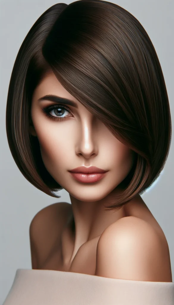 Imagine a sharp, blunt bob with side-swept bangs that gracefully cover one eye, adding a touch of mystery to your look. This hairstyle works well with straight hair to showcase the precision of the cut.