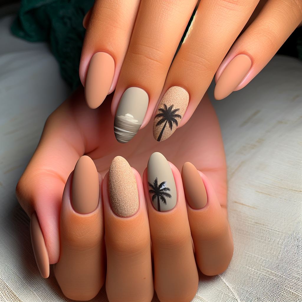 Sandy beige nails with a matte finish and a subtle palm tree silhouette on the accent nail, capturing the essence of a tranquil beach.