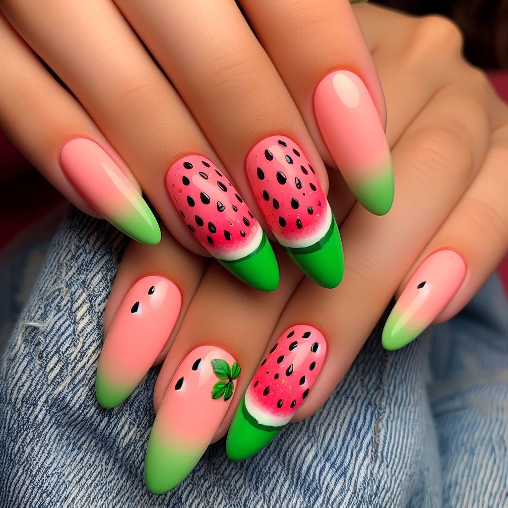 Nails with bright green tips fading into a pink base, speckled with black dots, designed to mimic the refreshing look of a watermelon slice.