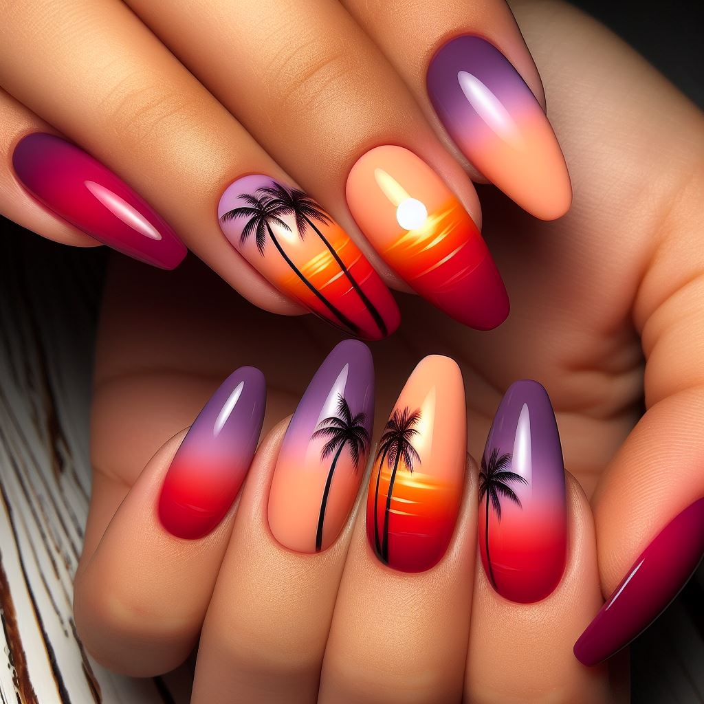 Almond-shaped nails with an ombre design transitioning from fiery orange at the base to mellow purple at the tips, reminiscent of a tropical sunset.