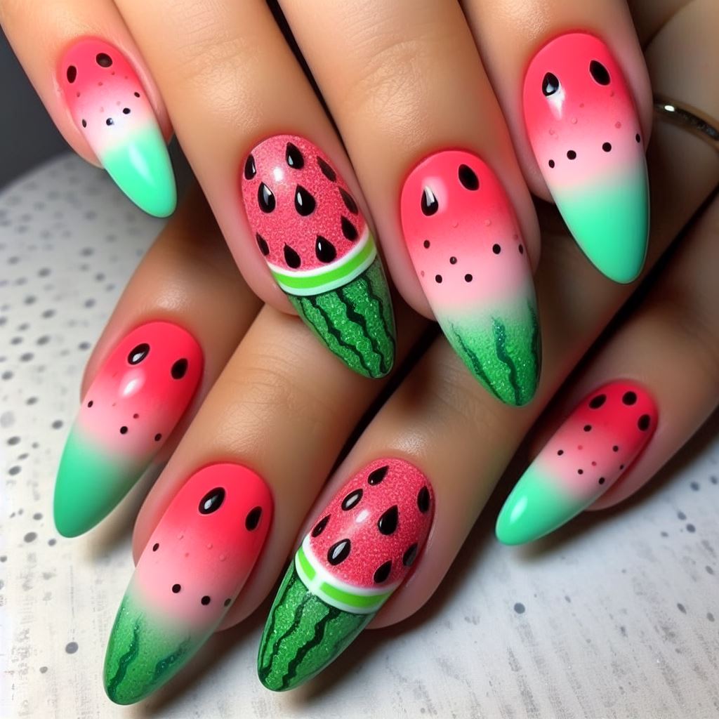 Nails with bright green tips fading into a pink base, speckled with black dots, designed to mimic the refreshing look of a watermelon slice.