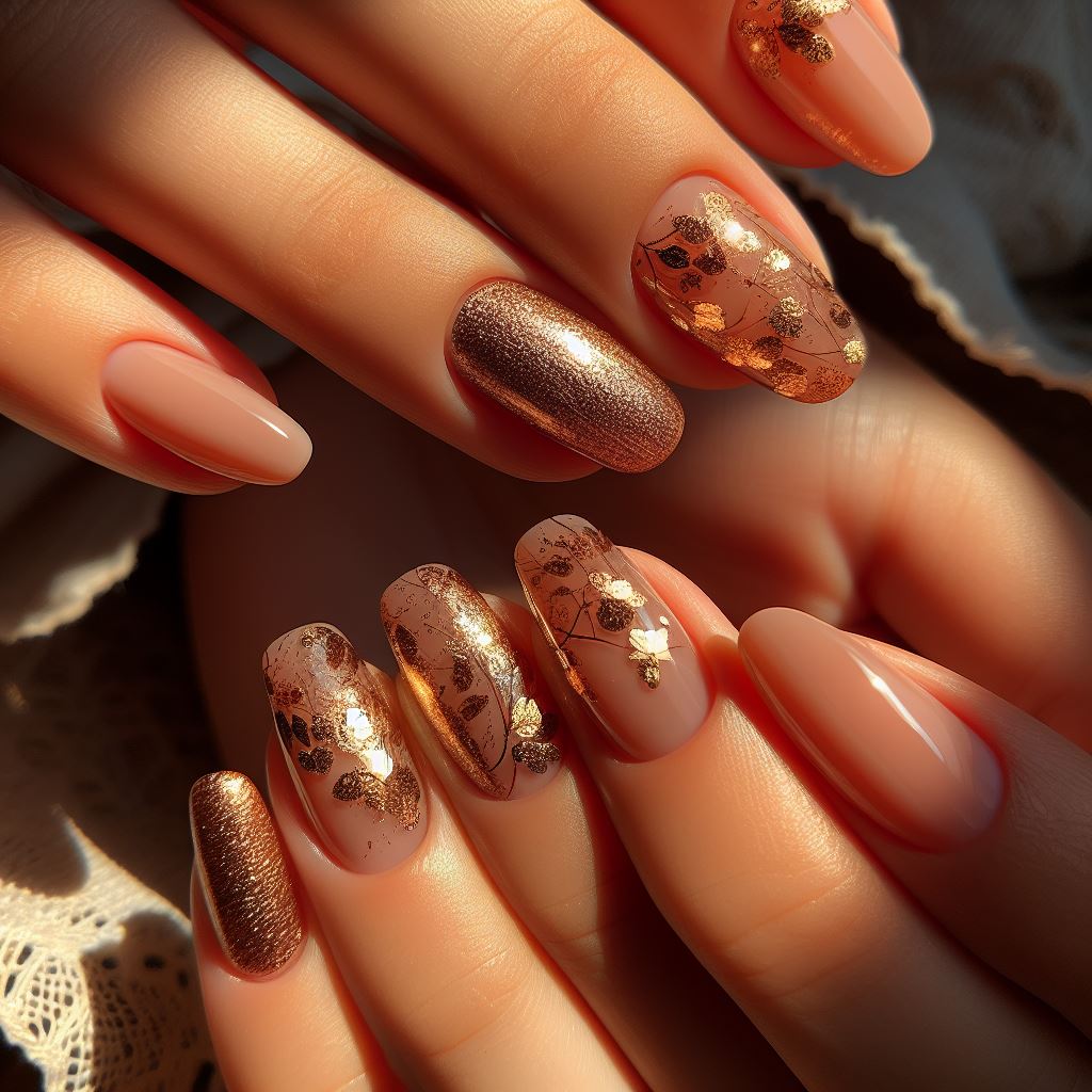 Warm, sun-kissed nude nails scattered with tiny gold flecks, reflecting the golden hour of a summer evening.