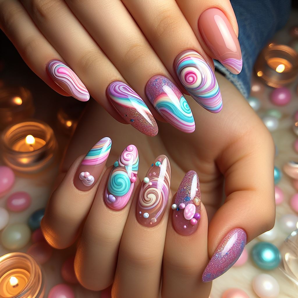Nails with playful swirls of candy-like colors in pinks, purples, and blues, creating a sweet and vibrant aesthetic.