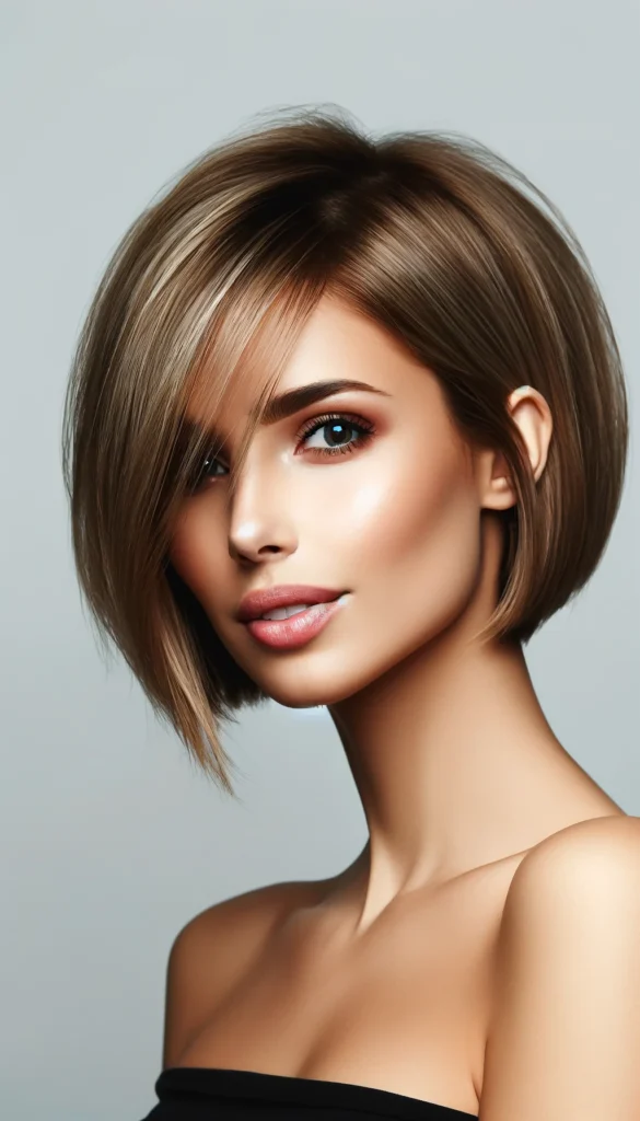 Consider an angled bob where the hair is cut shorter at the back and gradually gets longer towards the front, with a side fringe to frame the face, providing an edgy yet feminine look.