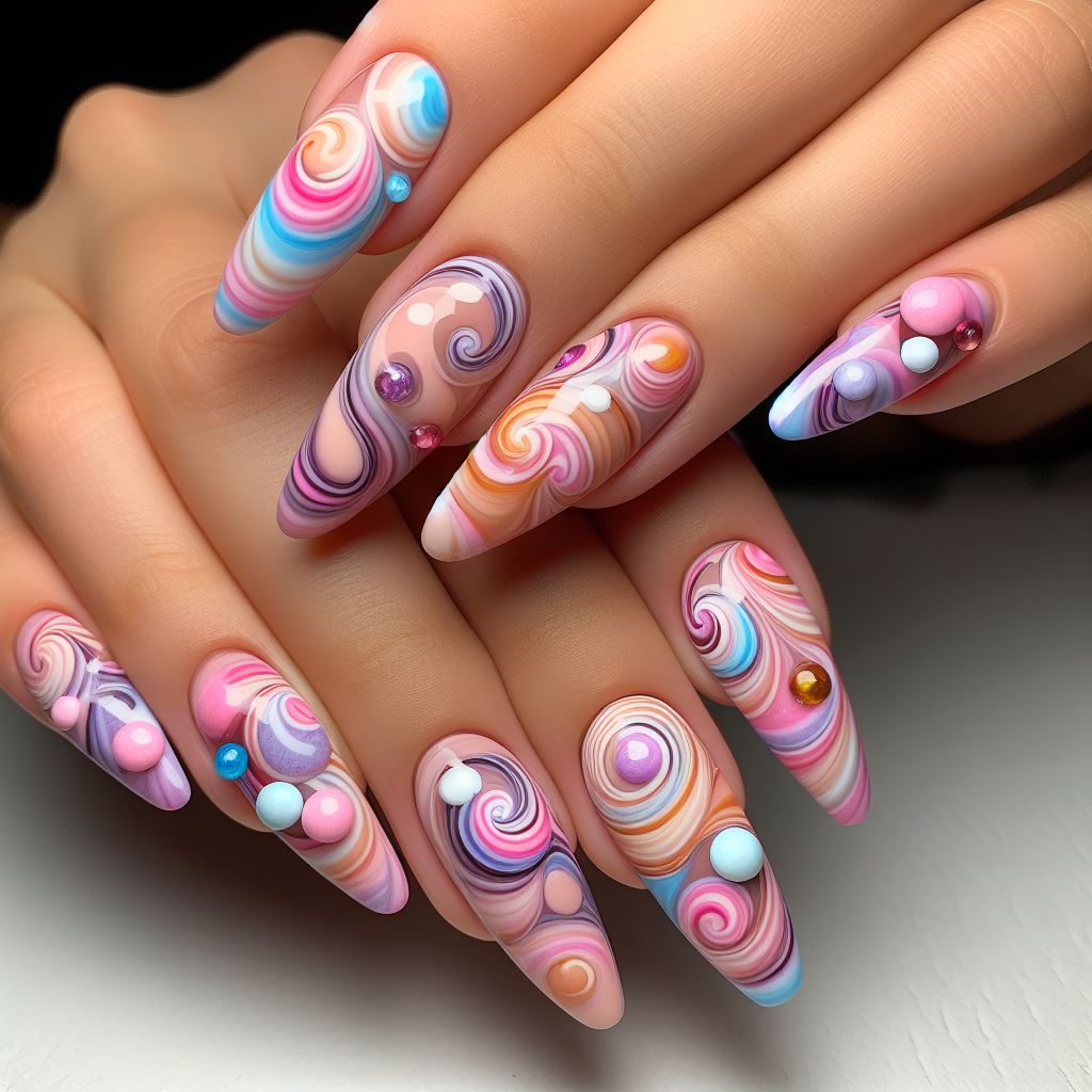Nails with playful swirls of candy-like colors in pinks, purples, and blues, creating a sweet and vibrant aesthetic.