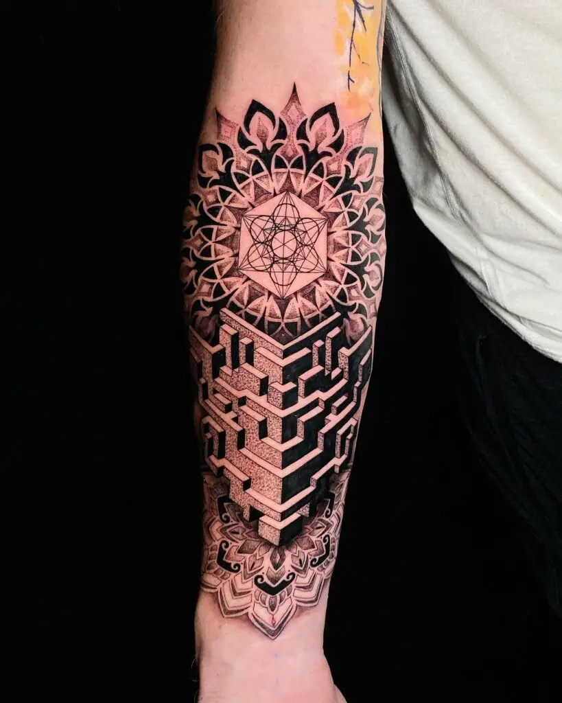 An elaborate geometric sleeve tattoo with a central star mandala leading into a maze of dense, interlocking shapes.