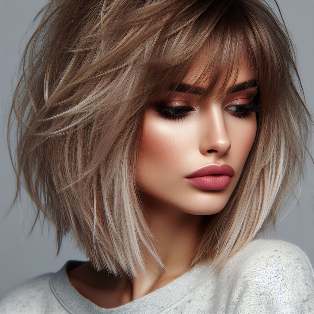 Think of a shaggy, layered cut that gives off a rock 'n' roll edge. The choppy layers add depth and movement to the hair, while bangs can be styled to sweep across the forehead or pushed to the side for a cool, carefree look.