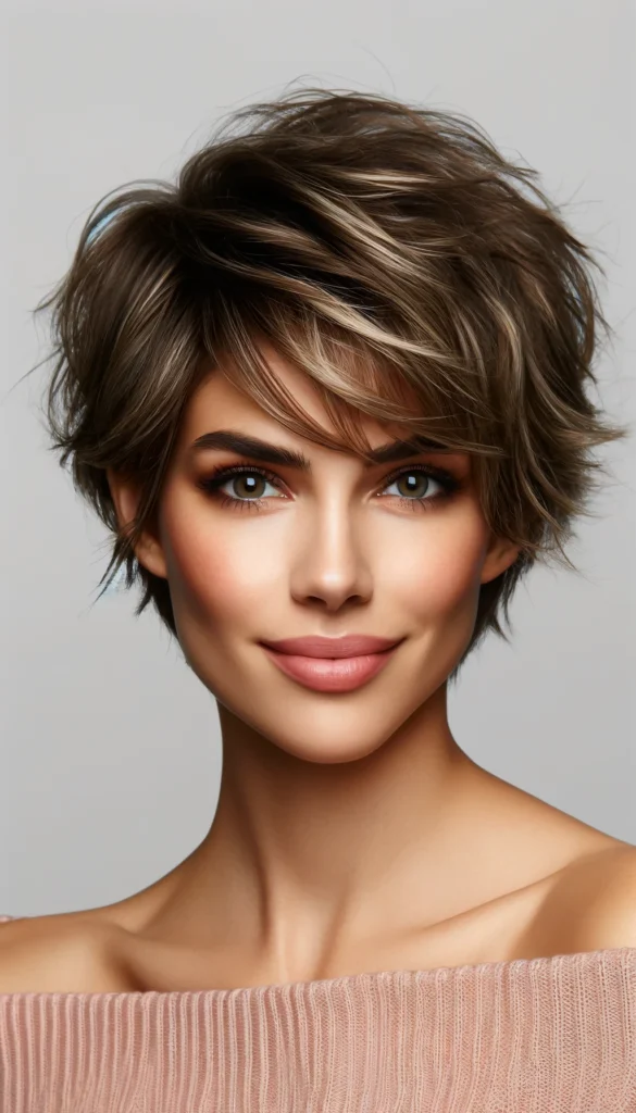 Envision a pixie cut given depth with tousled layers and subtle highlights. This hairstyle is perfect for those who want a low-maintenance yet stylish look that has a bit of an edge.