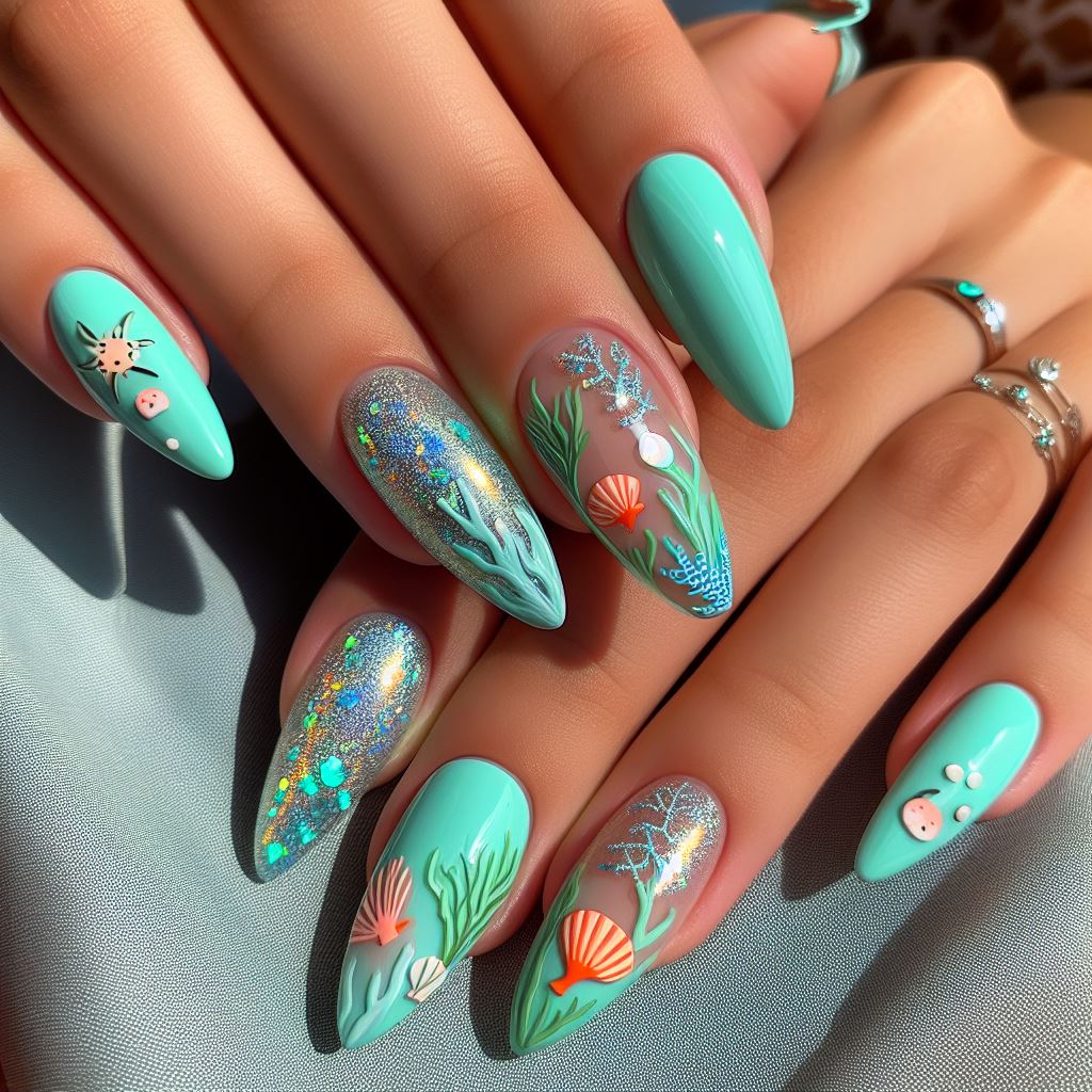 Seafoam green nails with silver holographic details and marine life decals, evoking the look of sunlight filtering through ocean water.