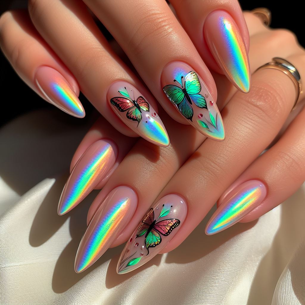 Nails in iridescent shades reflecting the delicate colors of butterfly wings, with butterfly decals on accent nails.