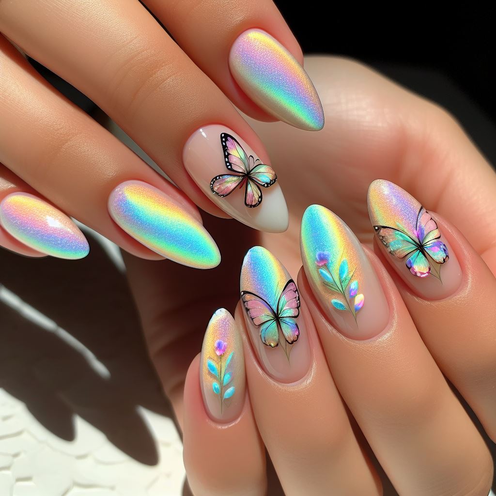 Nails in iridescent shades reflecting the delicate colors of butterfly wings, with butterfly decals on accent nails.
