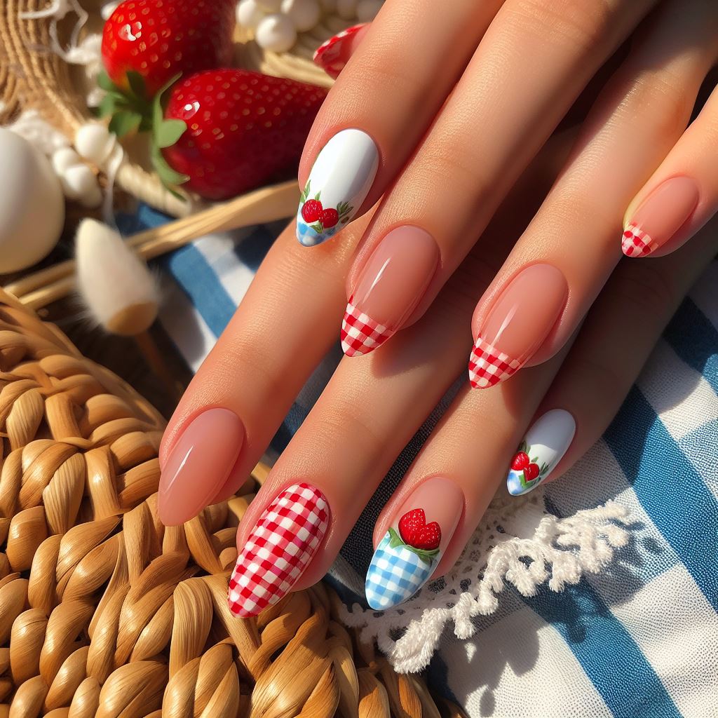 Nails featuring a gingham pattern in red and white or blue and white, perfect for a summer picnic vibe, topped with a glossy finish.