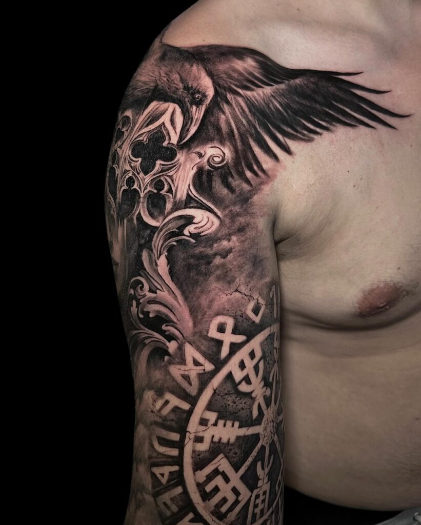 A detailed tattoo of Odin's raven with Nordic runes, symbolizing Norse mythology and wisdom.