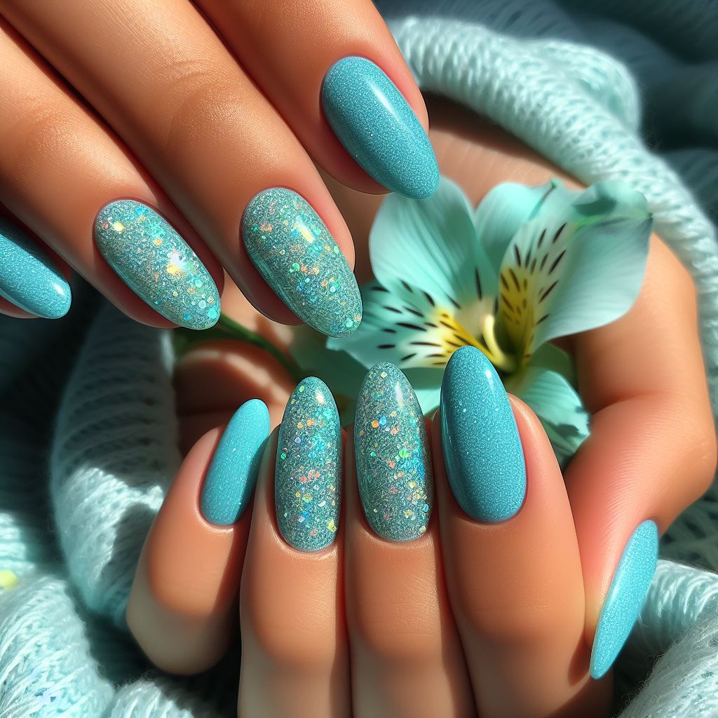 Nails painted in aqua blue with a sparkling, glittery finish, resembling the shimmering surface of a sunlit ocean, perfect for beach days.
