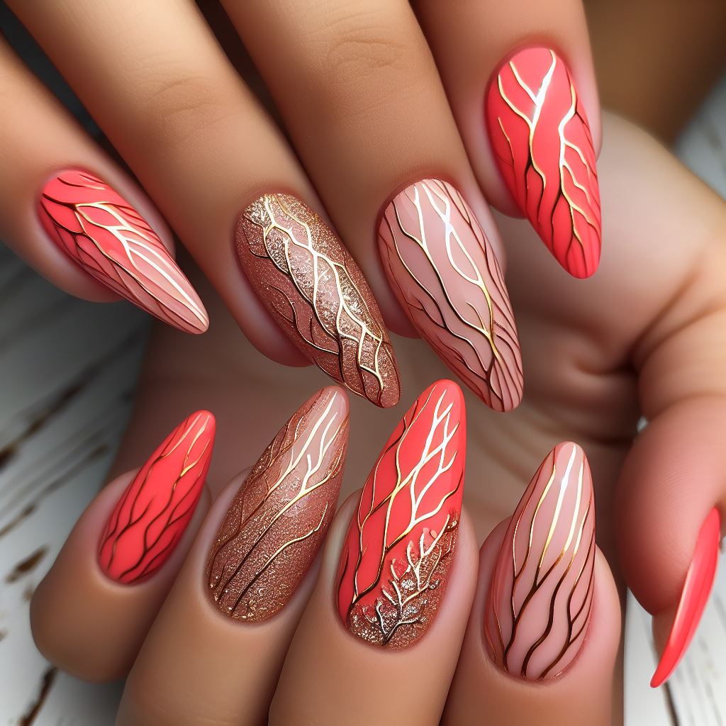 Bright coral nails accented with gold or silver lines, inspired by the intricate patterns of a coral reef.