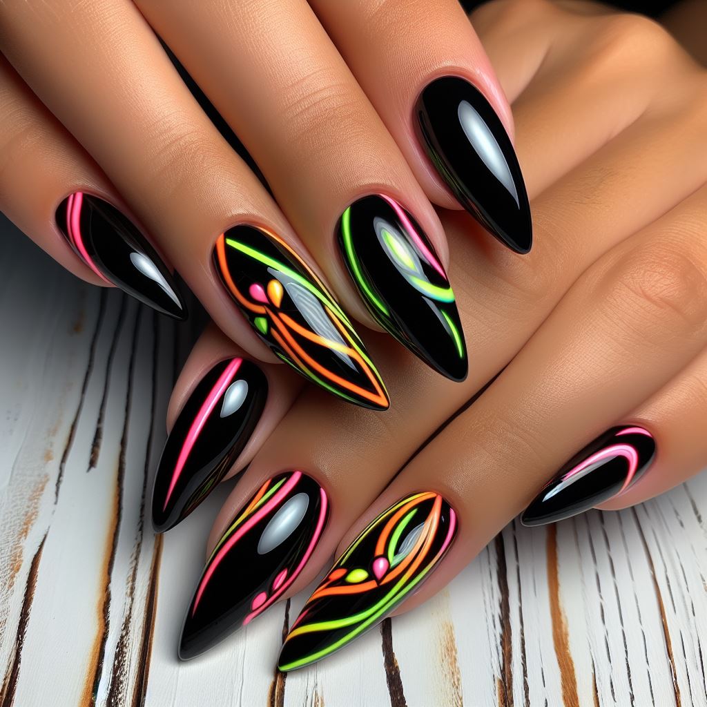 Glossy black nails with electric neon lines and shapes, offering a striking contrast suitable for vibrant summer nights.