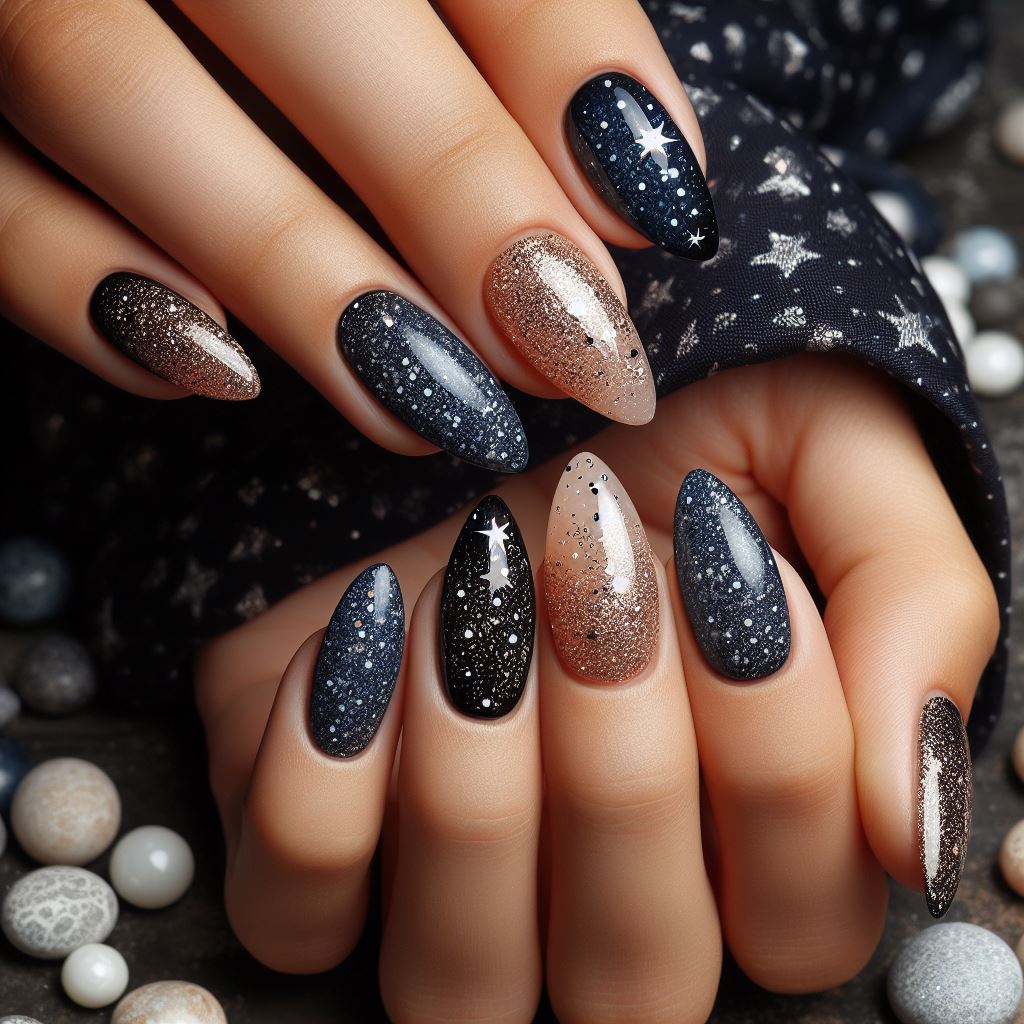 Deep navy blue nails adorned with silver glitter, resembling a clear night sky dotted with twinkling stars.
