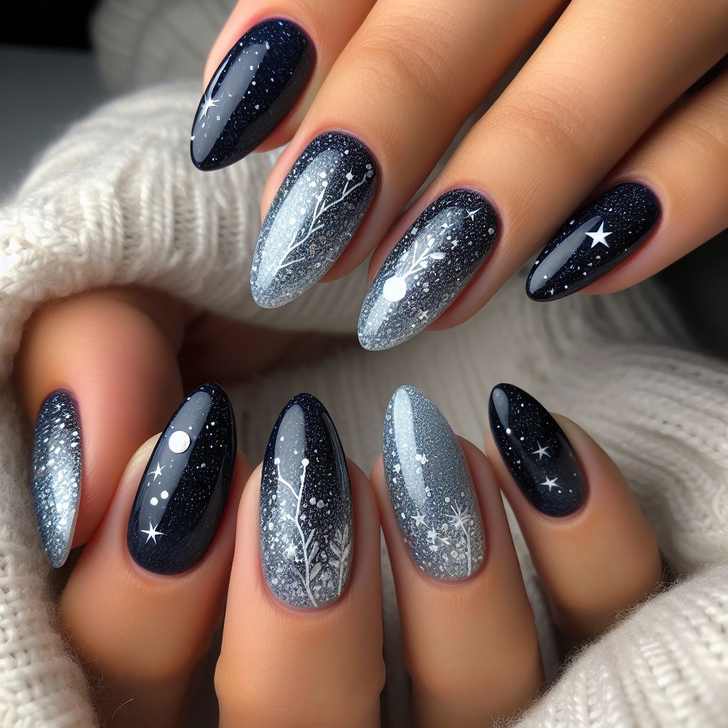 Deep navy blue nails adorned with silver glitter, resembling a clear night sky dotted with twinkling stars.