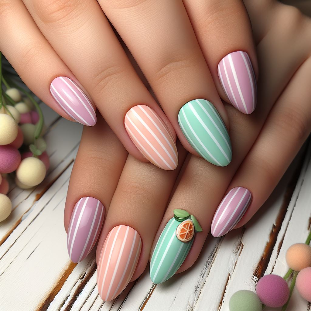 Nails with alternating stripes of sorbet-inspired colors like pale pink, mint green, and lavender, creating a refreshing and fun look.