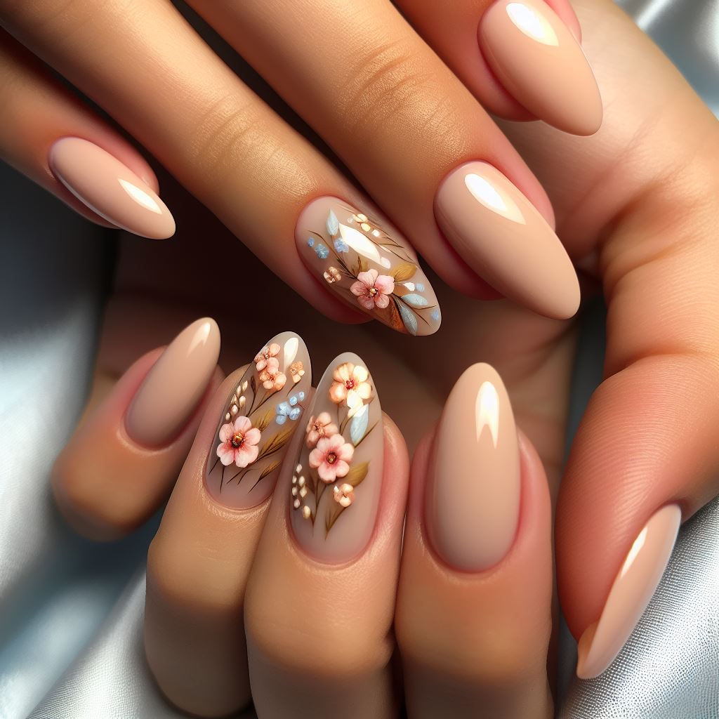 Nude almond nails with small, delicate floral designs on the ring fingers, suggesting tiny bouquets on a sheer base, perfect for a subtle summer garden theme.