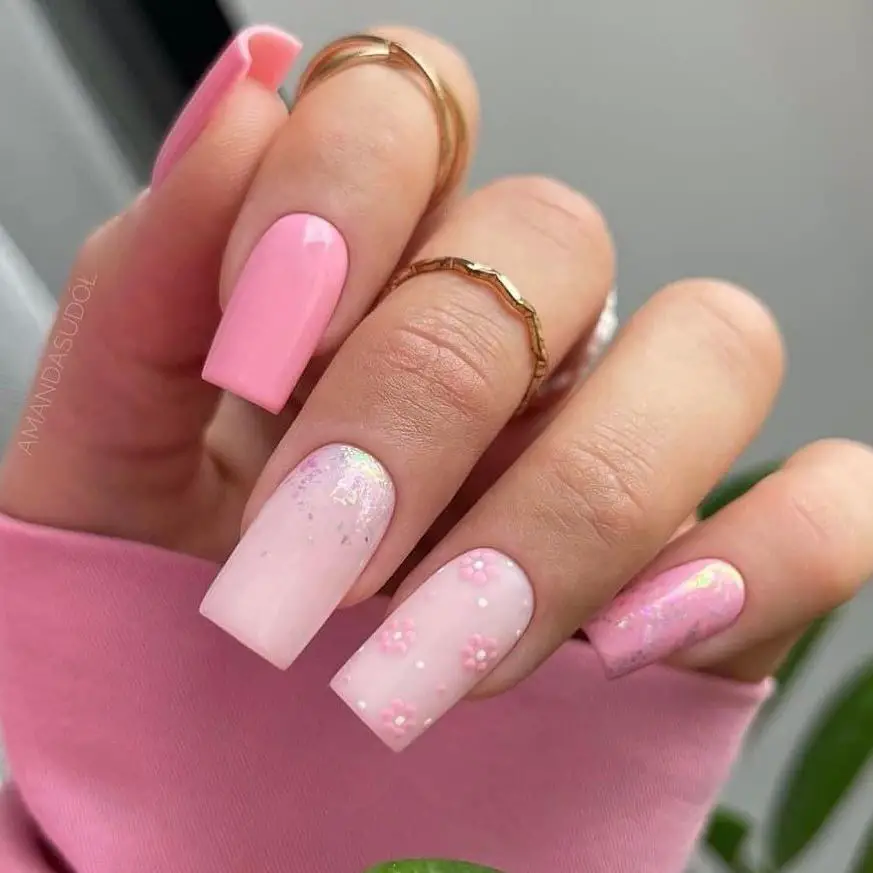 Sparkle through May with 'Glittering Pink Blossom Tips,' where baby pink meets glittered accents, bringing a sprinkle of magic to your springtime celebrations.