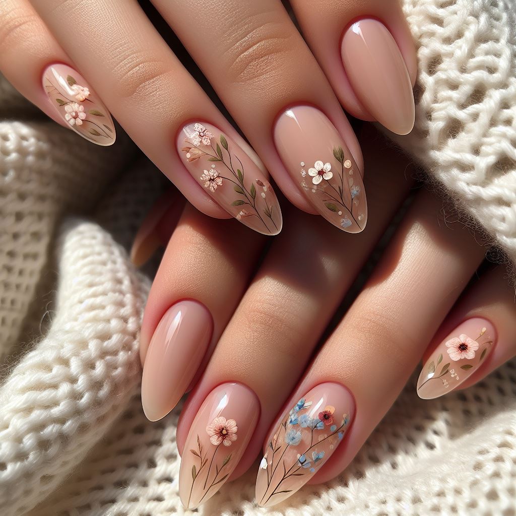 Nude almond nails with small, delicate floral designs on the ring fingers, suggesting tiny bouquets on a sheer base, perfect for a subtle summer garden theme.