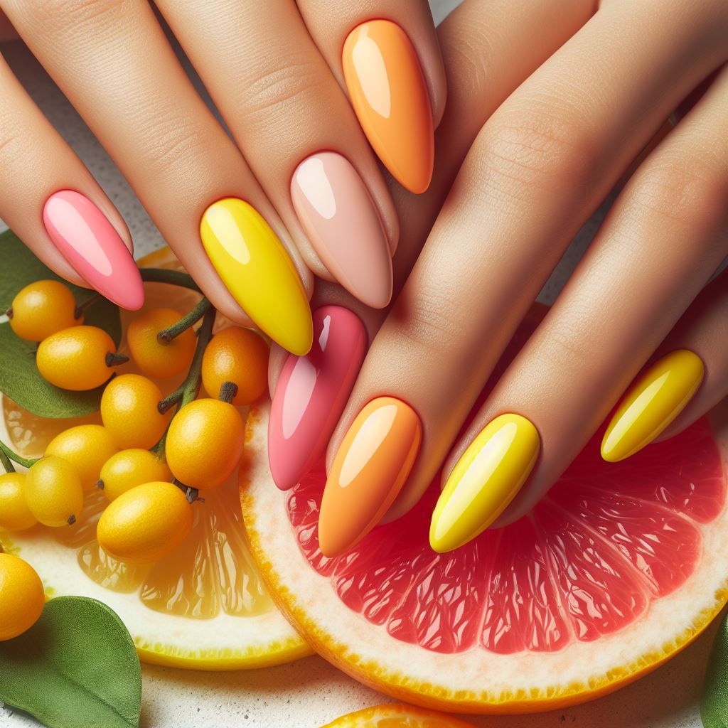 Nails painted in bright, vibrant shades of lemon yellow, tangerine orange, and grapefruit pink, inspired by juicy citrus fruits, ideal for a fun summer look.
