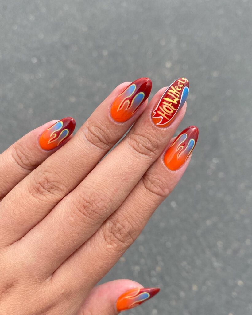 Fiery Script: Round Nails with Red and Orange Vulcan Flame