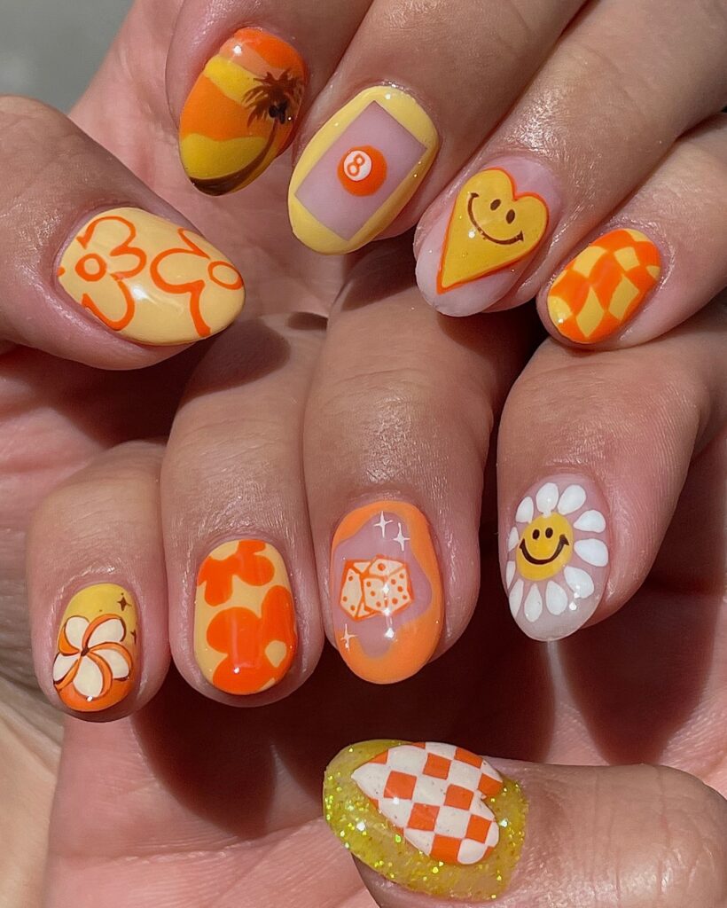 Cheerful Charisma: Smiley and Floral Motif Nail Art