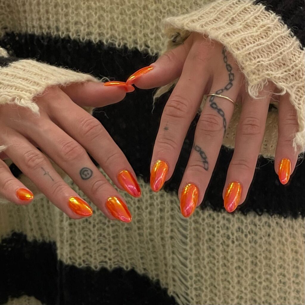 Ember Essence: Fiery Gradient Almond Nails