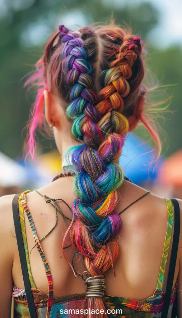 A close-up of a colorful braided hairstyle on a woman's back, featuring a spectrum of rainbow colors.