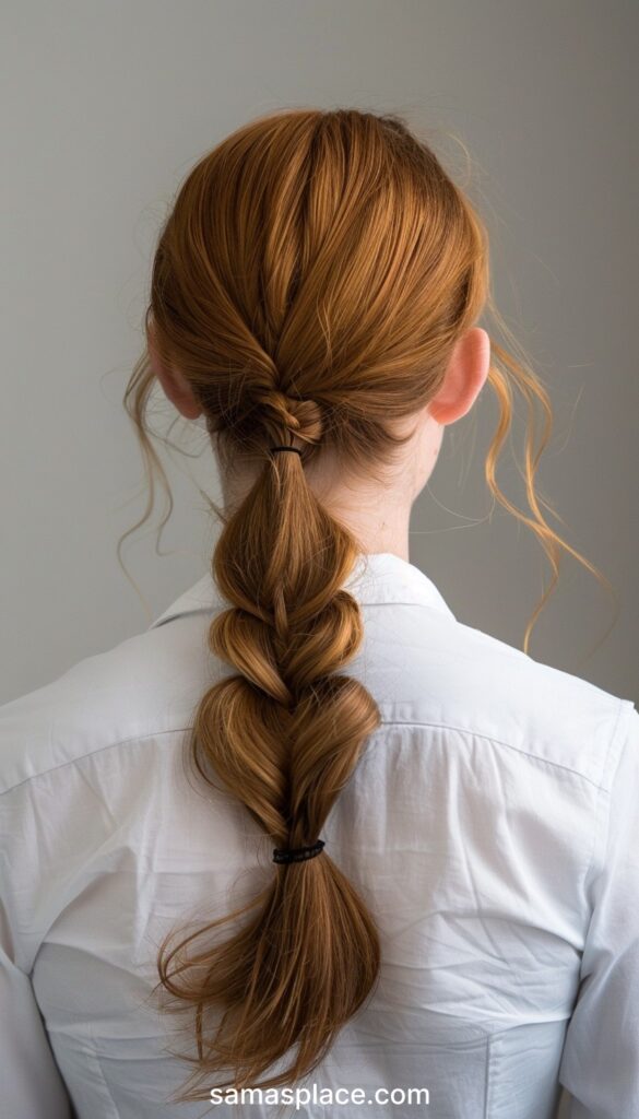 Back view of a redhead in a white shirt, showcasing a complex braided hairstyle.