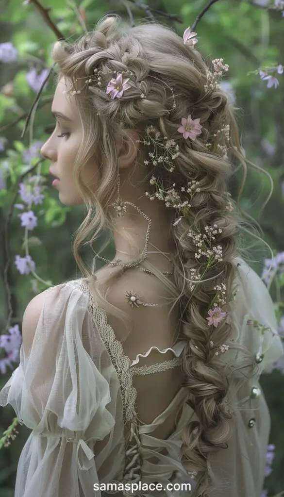Back view of a woman's hairstyle with cascading braids and small pink flowers, set in an ethereal forest-like backdrop.
