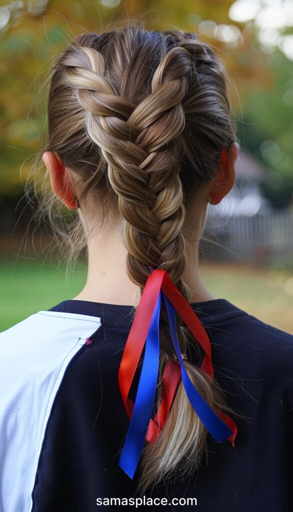 Back view of a young girl wearing a navy sports uniform, with a braid decorated with seasonal colored ribbons.