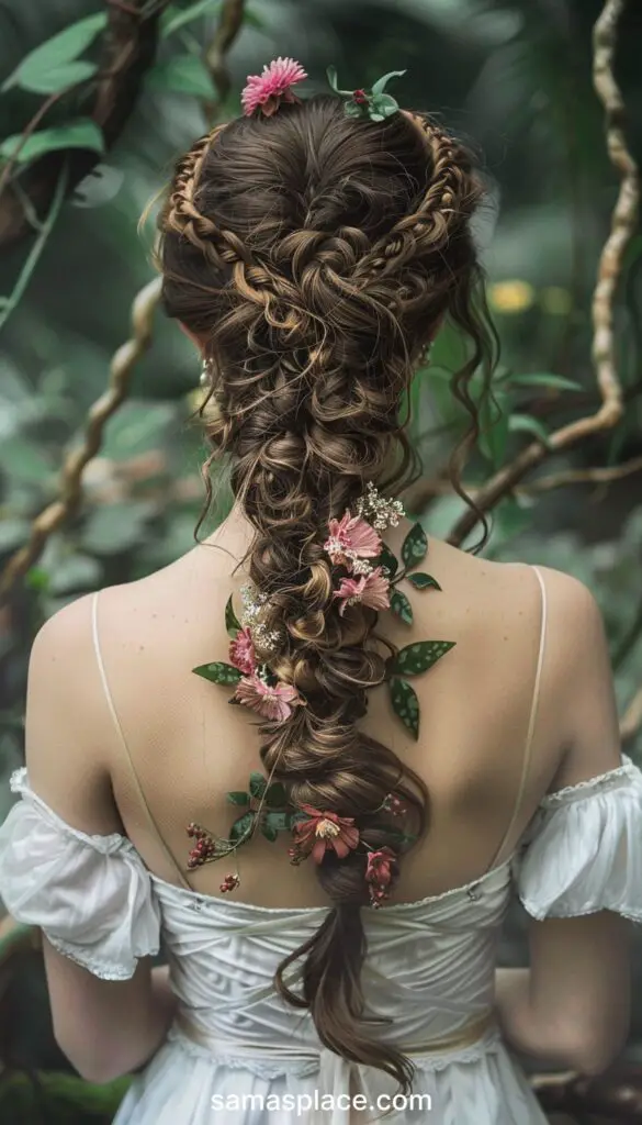 Woman's back view showing a braid embellished with pink flowers and green leaves, ideal for a tropical-themed occasion.