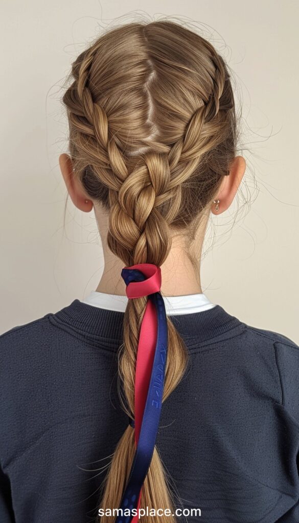 Rear view of a girl in a dark blue top, her braid elegantly tied with a navy and red ribbon.